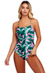 Sexy Pink Green Leaf Print Lace Up One Piece Swimsuit
